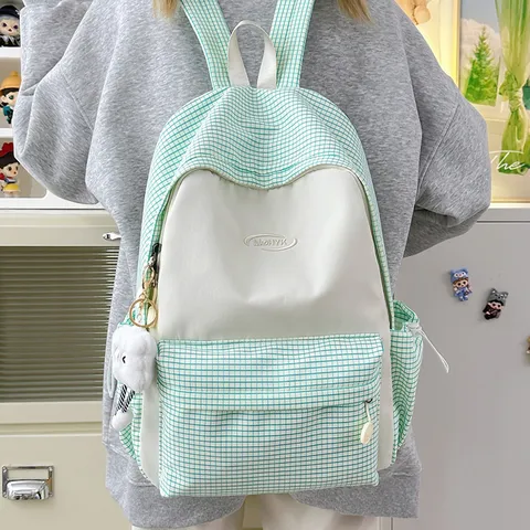 Ins Japanese Plaid Backpack Large Capacity Student School Bag Waterproof Nylon Casual Travel Daypack With Pendant