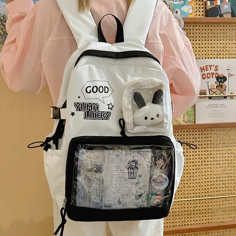 Mochila Ita con Ventana Transparente Casual Nylon Escuela Mochila Escolar Gran Capacidad Lindo Insignia de Anime Mochila para Adolescentes
