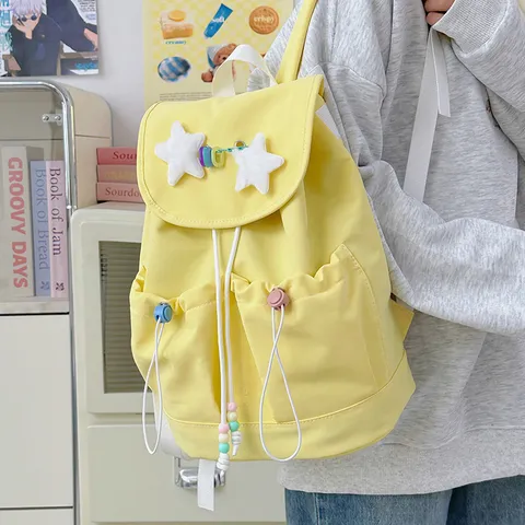 Casual Nylon Drawstring Backpack Women Cute College Style School Bag Travel Daypack With Plush Star Pendant