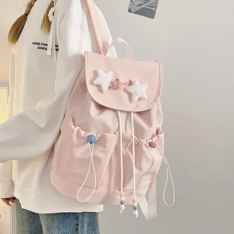 Casual Nylon Drawstring Backpack Women Cute College Style School Bag Travel Daypack With Plush Star Pendant