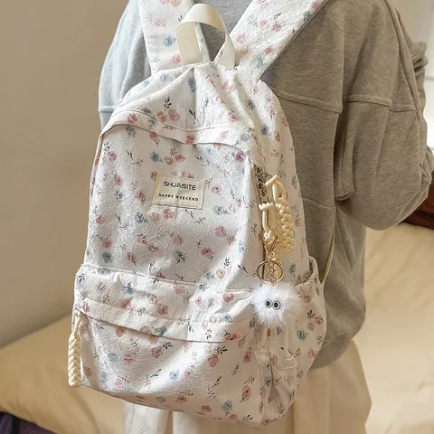 Japanese Ins Style Lace Fabric Schoolbag Women Girls Casual Floral Backpack Versatile Cute Daily Travel Book Bag