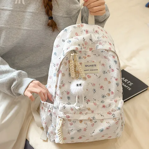 Japanese Ins Style Lace Fabric Schoolbag Women Girls Casual Floral Backpack Versatile Cute Daily Travel Book Bag
