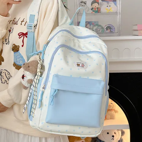 Waterproof Nylon Casual Star Pattern Backpack For Women Student School Bookbag Cute Daily Travel Daypack With Pendant
