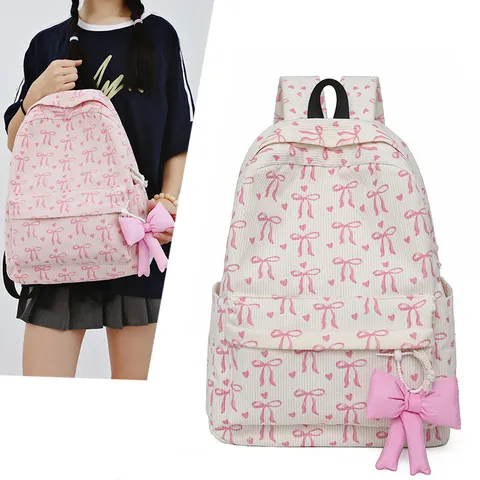 Japanese Ins Style Corduroy Backpack Women Vintage Bowknot Casual School Bag Cute Daily Travel Bookbag