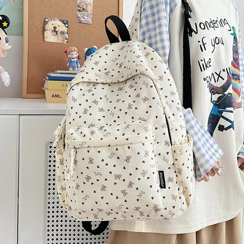 Women's Corduroy Backpack Cute Heart Bowknot Print Casual School Bookbag Lightweight Travel Daily Daypack