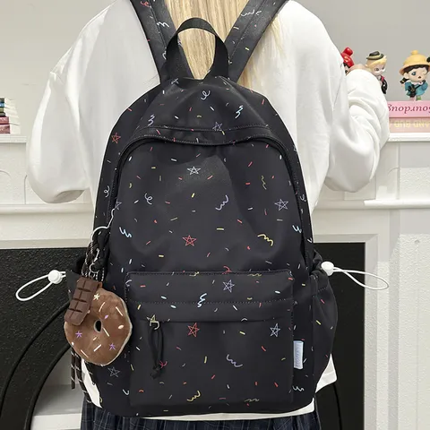 Casual Nylon Backpack Star Print Large Capacity School Bag Cute Bookbag For Teenager Girls Daily Travel Commute