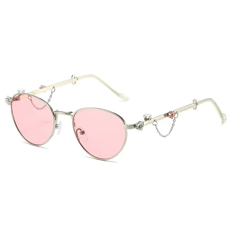 Dames Mode Klein Frame Ovaal Metaal Zonnebril Strass Ketting Zonnebril Chique UV400 Bescherming Bril