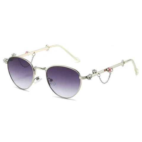 Dames Mode Klein Frame Ovaal Metaal Zonnebril Strass Ketting Zonnebril Chique UV400 Bescherming Bril