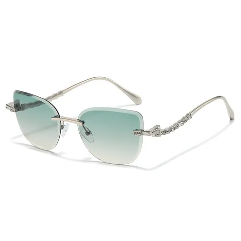 Luxe Metaal Montuurloze Zonnebril Vrouwen Diamant Geslepen Rand Strass Luipaard Hoofd Kattenoog Mode Bril