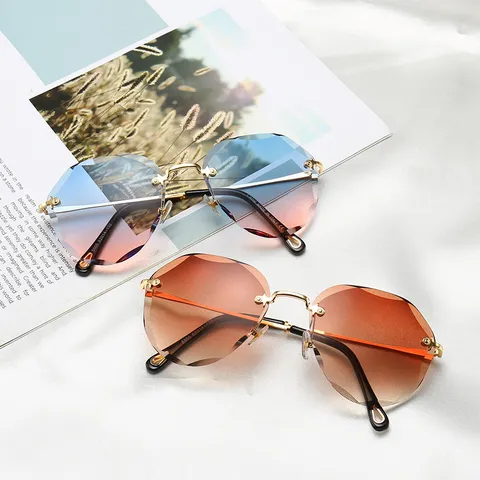 Vrouwen Mode Frameloos Diamantsnede Verloop Lens Zonnebril Luxe Metaal Goud Frame Designer Zonnebril