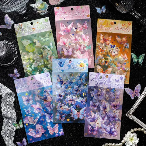 Ensemble d'Autocollants PET Estampage à Chaud Décoratifs SériePapier Papillon Collage de Journal Fournitures de Scrapbooking Papeterie