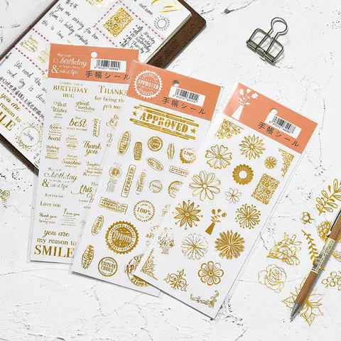 Autocollants Décoratifs en PET Feuille d'Or pour Journal Scrapbooking Plante Cachet de Poste Lettre Phrases de Bénédiction