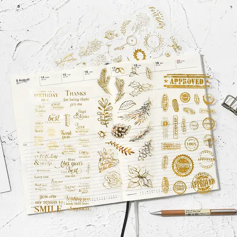 Autocollants Décoratifs en PET Feuille d'Or pour Journal Scrapbooking Plante Cachet de Poste Lettre Phrases de Bénédiction