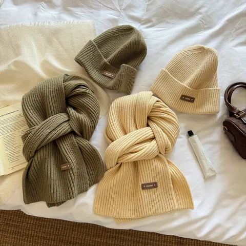 Korean Style Thick Warm Knitted Hat And Scarf Set For Women Winter Solid Color Acrylic Neck Warmer Scarf And Hat Set
