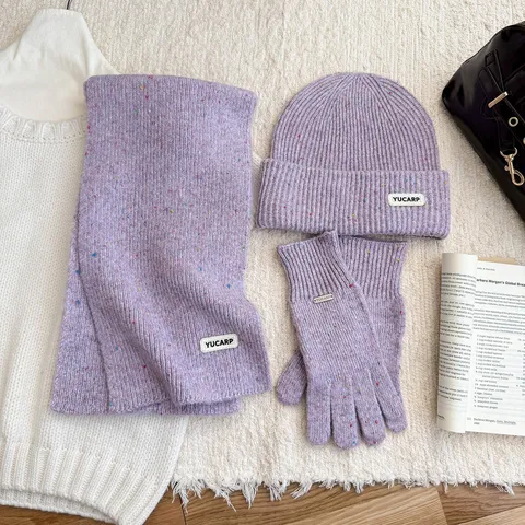 Ensemble 3 Pièces Bonnet Écharpe Et Gants Tricotés Chauds D'Hiver Fil à Pois Polyester Doux Style Coréen Accessoires D'Extérieur Pour Femmes