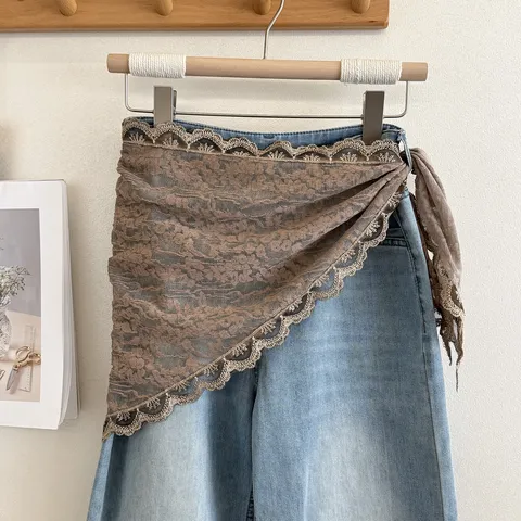 Vrouwen Koreaanse Stijl Kant Driehoekige Sjaal Laagjes Billen Bedekkende Wikkelrok Bloemen Opengewerkt Accessoire Herfst Winter Effen Kleur Taille Sjaal