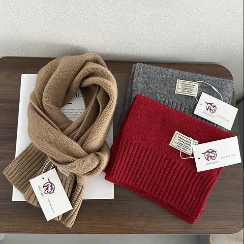 High Quality Pure Wool Scarf For Women Solid Color Knitted Winter Warm Neck Warmer Soft Casual Fashion Shawl