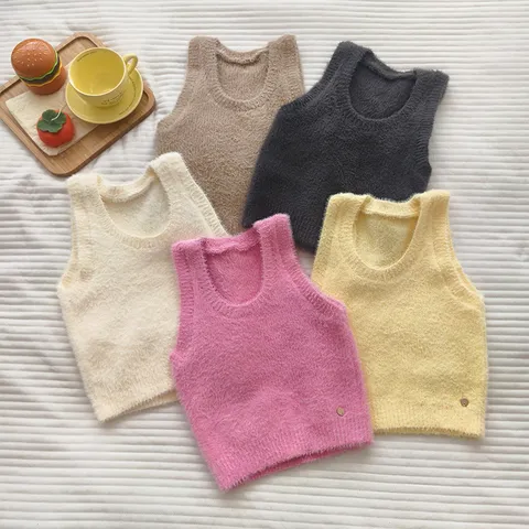 Korean Style Women Soft Knit Vest Sleeveless Sweater Top Loose Solid Color Round Neck Casual Pullover Vest For Young Ladies