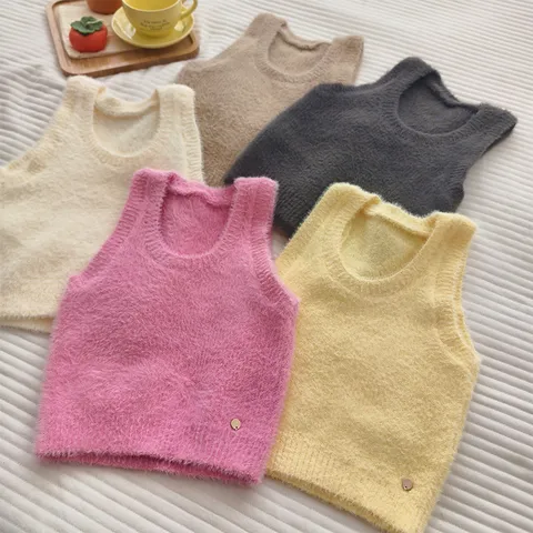 Korean Style Women Soft Knit Vest Sleeveless Sweater Top Loose Solid Color Round Neck Casual Pullover Vest For Young Ladies
