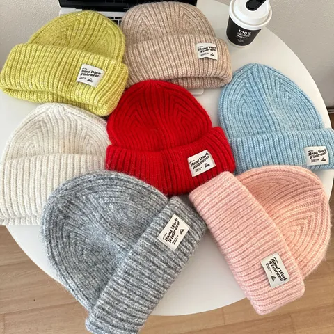 Winter Warm Acrylic Knitted Beanie Hat Thickened Melange Cable Knit Cap With Letter Label Casual Couple Ski Hat