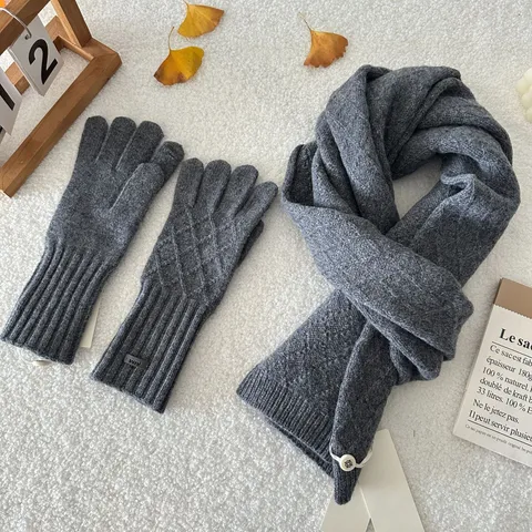 Winter Warm Wool Scarf And Gloves Set Diamond Lattice Knitted Couple Neck Warmer Split Finger Gloves Fashion Accessory