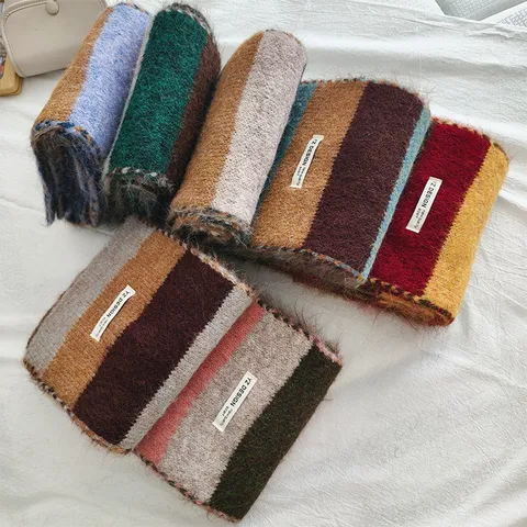 Winter Warm Knit Scarf Double Sided Color Block Striped Scarf College Style Soft Woolen Neck Warmer For Women Men