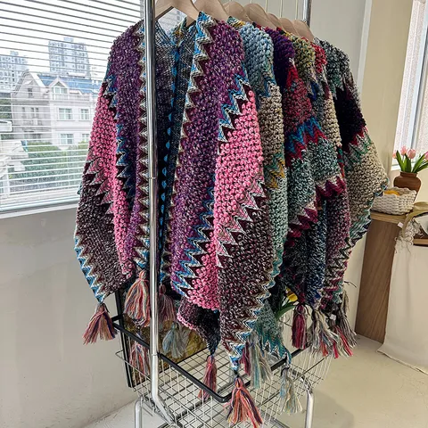 Vintage Ethnic Style Color Block Tassel Cloak Women Casual Warm Winter Shawl Fashion Travel Poncho Cape Outerwear