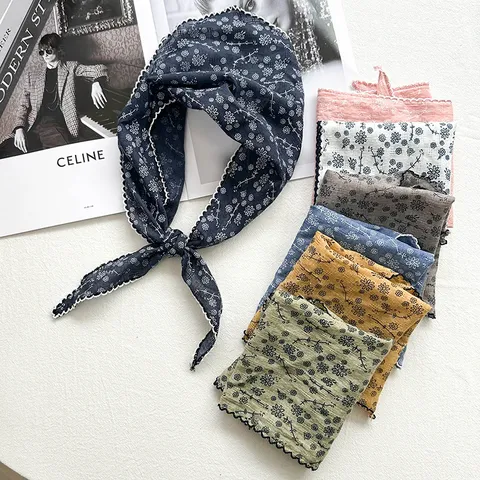 Japanese Literary Style Cotton Linen Floral Triangle Scarf Women Spring Versatile Neckerchief Hair Band Scarf