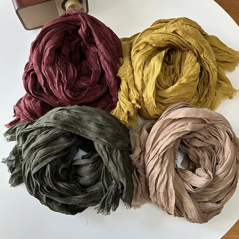 Retro Literary Cotton Linen Plaid Pleated Scarf For Women Autumn Winter Fashion Travel Neck Wrap