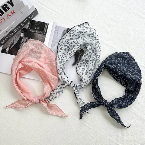Japanese Literary Style Cotton Linen Floral Triangle Scarf Women Spring Versatile Neckerchief Hair Band Scarf