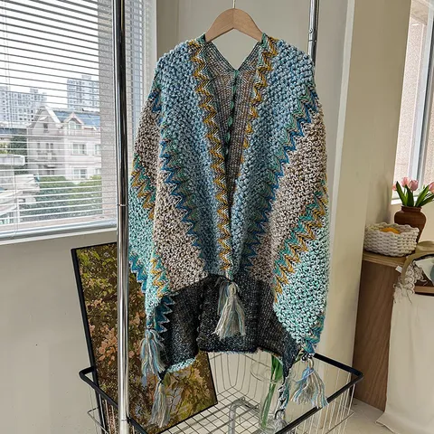 Vintage Ethnic Style Color Block Tassel Cloak Women Casual Warm Winter Shawl Fashion Travel Poncho Cape Outerwear