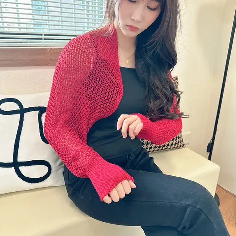 Women's Summer Hollow Out Knitted Shrug Bolero Shawl Long Sleeve Open Front Cardigan Sun Protection Cover Up Top