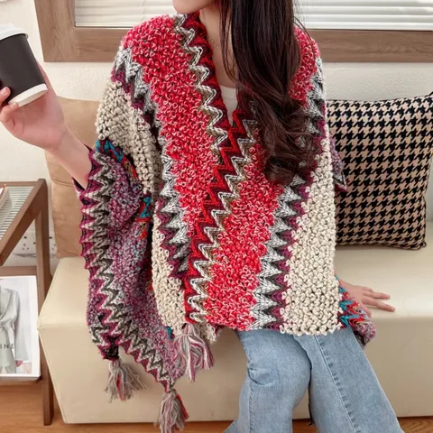 Women Bohemian Ethnic Style Colorblock Knitted Shawl Cape Vintage Fringe Wrap Winter Warm Casual Fashion Outerwear