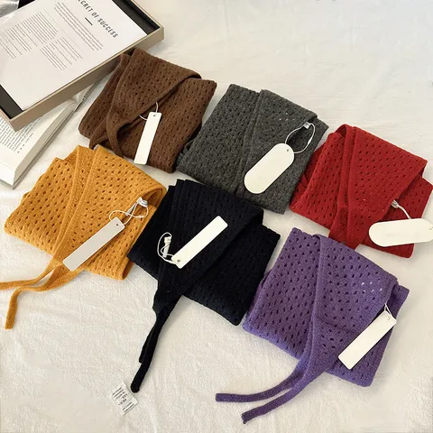 Women's Pure Wool Hollow Knitted Triangle Scarf Solid Color Casual Warm Shawl Fashion Winter Headscarf Accessories