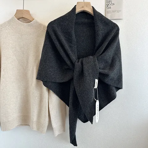 Women Pure Wool Triangle Scarf Solid Color Warm Neck Protection Knitted Shawl Fashion Winter Daily Accessories