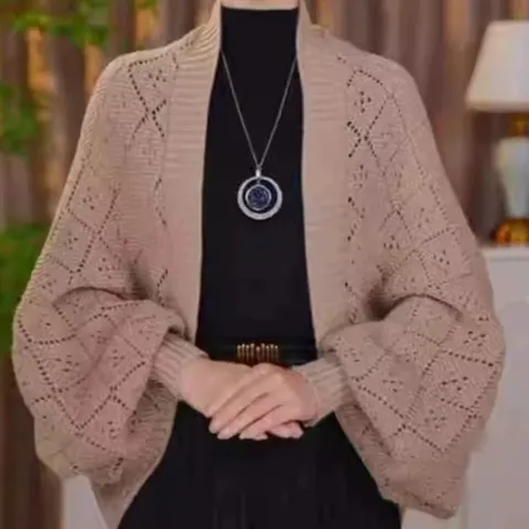 Women's Casual Knit Cardigan Sweater Autumn Winter Open Front Batwing Sleeve Geometric Pattern Outerwear Top