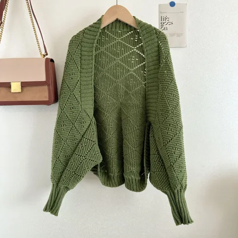 Women's Casual Knit Cardigan Sweater Autumn Winter Open Front Batwing Sleeve Geometric Pattern Outerwear Top