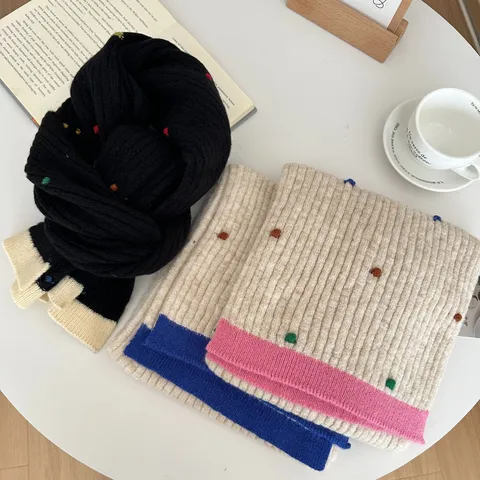 Winter Warm Knitted Scarf For Women Solid Color Contrast Edge Acrylic Casual Daily Soft Neck Warmer Fashion Accessory
