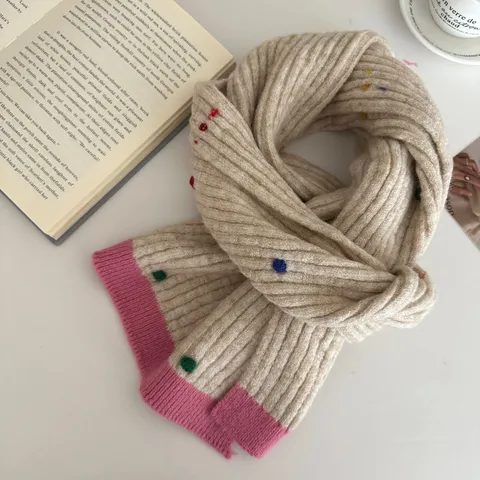 Winter Warm Knitted Scarf For Women Solid Color Contrast Edge Acrylic Casual Daily Soft Neck Warmer Fashion Accessory