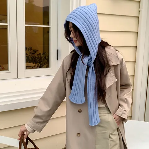 Women Winter Warm Balaclava Knitted Hood Scarf Set Solid Color Wool Cycling Windproof Thermal Pullover Hat Scarf