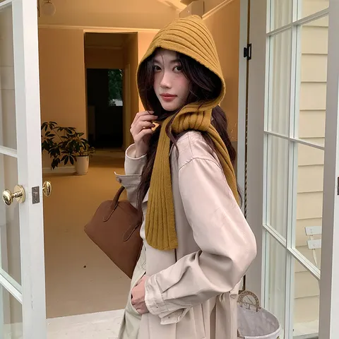 Women Winter Warm Balaclava Knitted Hood Scarf Set Solid Color Wool Cycling Windproof Thermal Pullover Hat Scarf