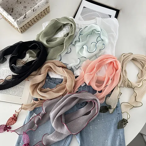 Women's Literary Pleated Solid Color Small Silk Scarf Korean Versatile Fashion Leaf Pendant Neckerchief Neck Warmer