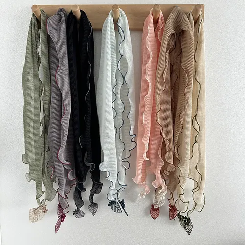 Women's Literary Pleated Solid Color Small Silk Scarf Korean Versatile Fashion Leaf Pendant Neckerchief Neck Warmer