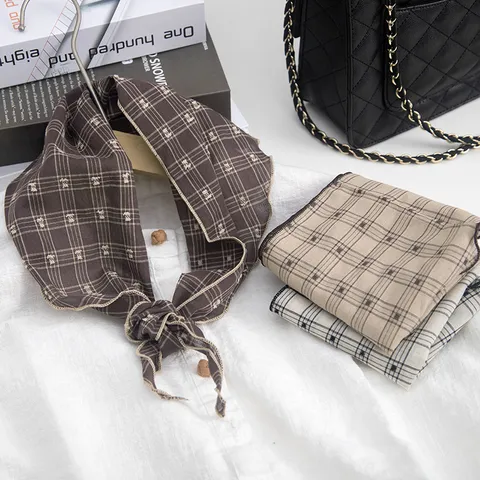 Women Spring Grid Embroidery Triangle Scarf Fashion Chic Small Neck Scarf Bag Ribbon Hair Band Scarf Polyester Accessories