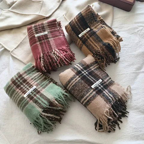 Women Fashion Imitation Cashmere Scarf Color Block Plaid Winter Warm Tassel Shawl Long Soft Daily Wear Scarf