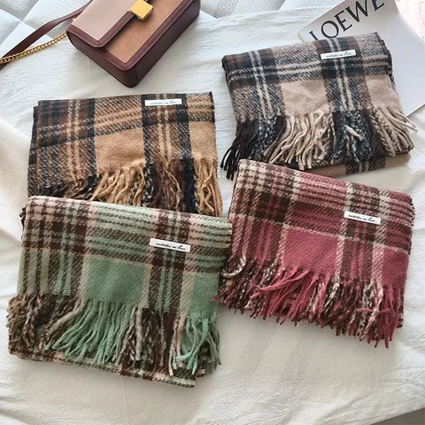 Women Fashion Imitation Cashmere Scarf Color Block Plaid Winter Warm Tassel Shawl Long Soft Daily Wear Scarf
