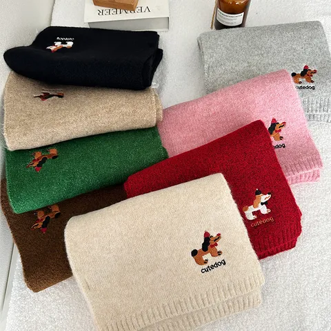 Cute Puppy Embroidered Knit Scarf For Women Winter Warm Acrylic Neck Scarf Preppy Style Casual Daily Student Soft Scarf