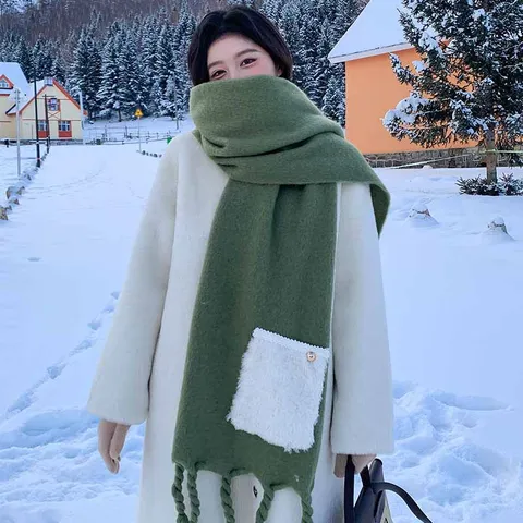 Winter Warm Imitation Cashmere Scarf Solid Color Braid Tassel Pocket Thickened Long Shawl For Women