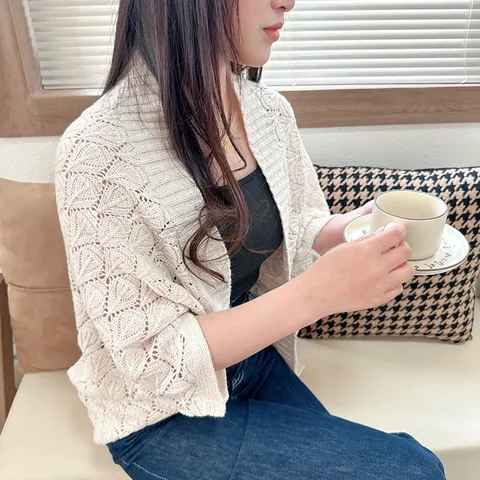 Women Fashion Knitted Hollow Diamond Shawl Elegant Casual Open Front Cardigan Air-Conditioned Room Warm Shawl Outerwear