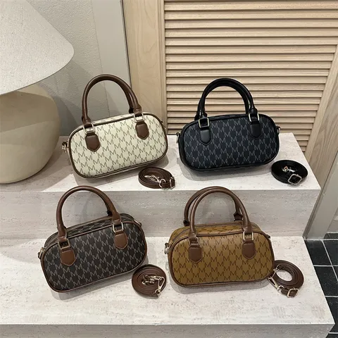 Vintage Monogram Print PU Leather Handbag For Women Premium Niche Design Shoulder Crossbody Bag Small Pillow Shape Daily Square Bag